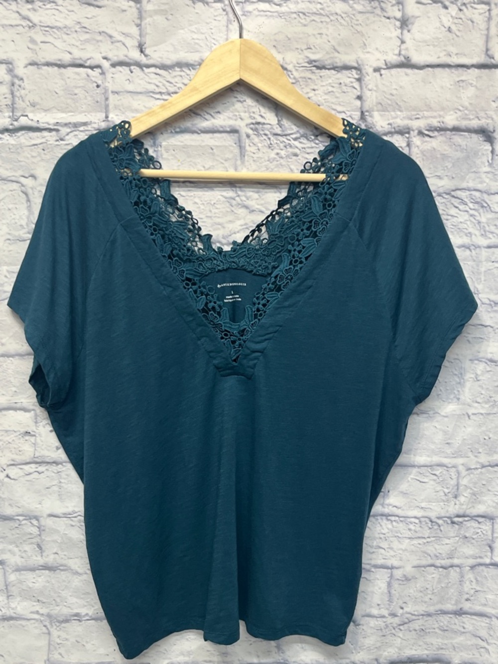 Anthropologie Teal Lace-Trim V-Neck Blouse